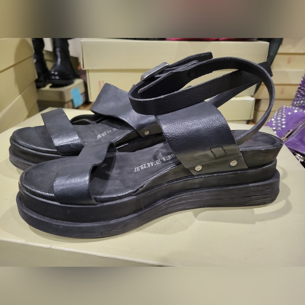 A.S.98 Black Leather Platform Sandals
